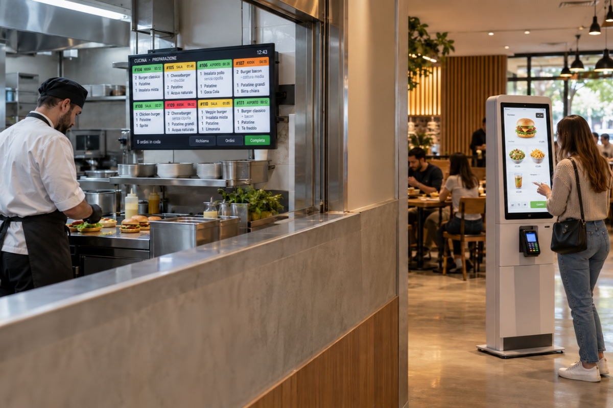 Schermata KDS con ticket di cucina